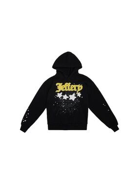Jeffery Black Graphic Hoodie with Yellow Logo & Star Web Design